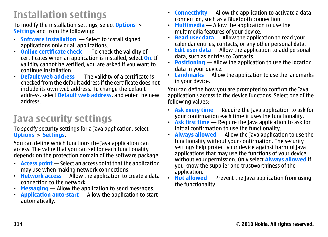 Installation settings, Java security settings | Nokia E66 User Manual | Page 114 / 150