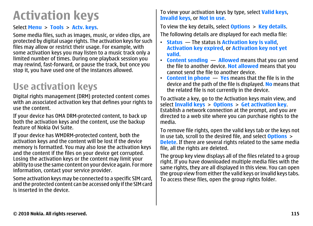 Activation keys, Use activation keys | Nokia E66 User Manual | Page 115 / 150