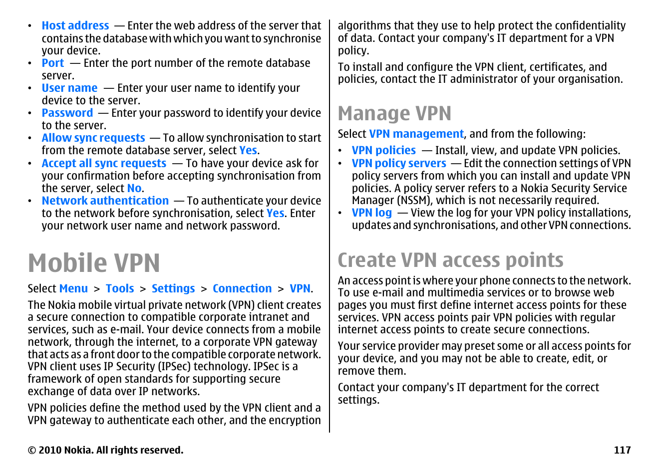 Mobile vpn, Manage vpn, Create vpn access points | Nokia E66 User Manual | Page 117 / 150