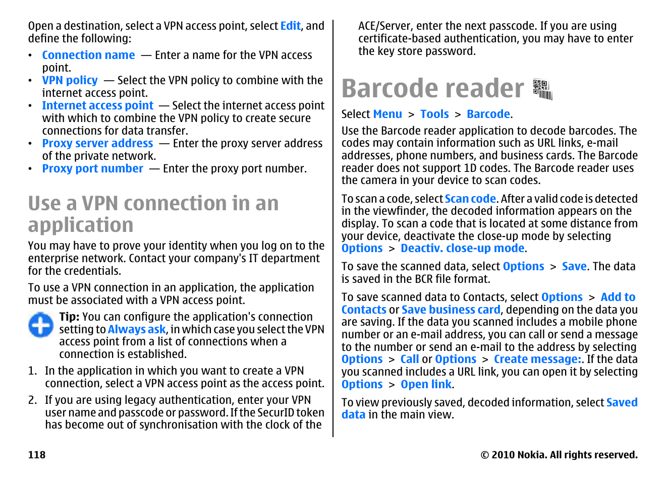 Use a vpn connection in an application, Barcode reader | Nokia E66 User Manual | Page 118 / 150