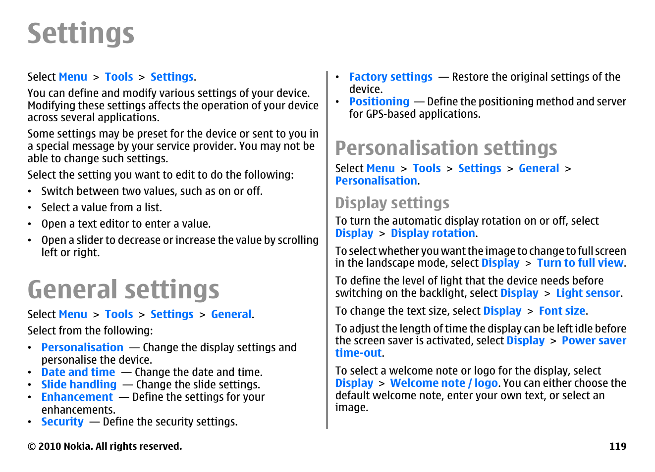 Settings, General settings, Personalisation settings | Display settings | Nokia E66 User Manual | Page 119 / 150
