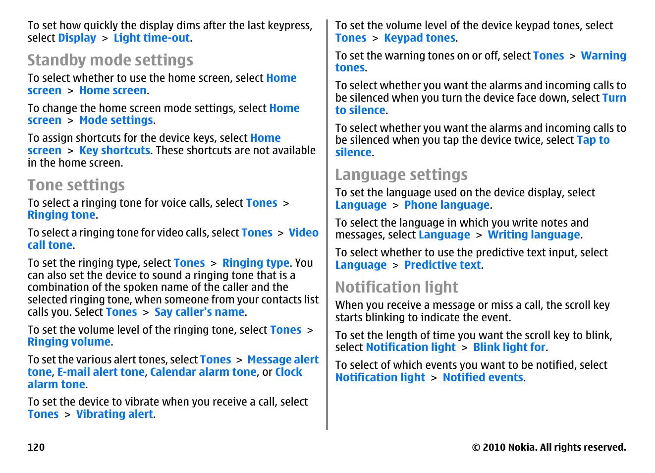 Standby mode settings, Tone settings, Language settings | Notification light | Nokia E66 User Manual | Page 120 / 150