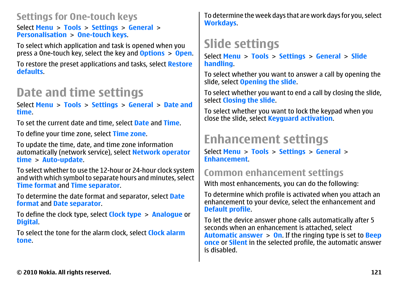 Settings for one-touch keys, Date and time settings, Slide settings | Enhancement settings, Common enhancement settings | Nokia E66 User Manual | Page 121 / 150
