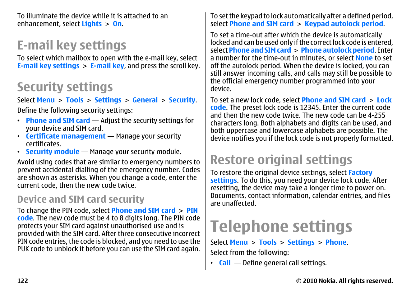 E-mail key settings, Security settings, Device and sim card security | Restore original settings, Telephone settings | Nokia E66 User Manual | Page 122 / 150