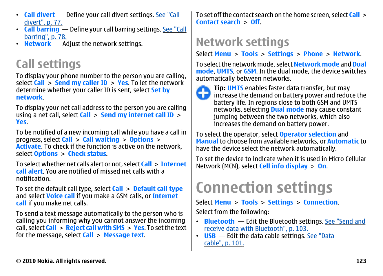 Call settings, Network settings, Connection settings | Nokia E66 User Manual | Page 123 / 150