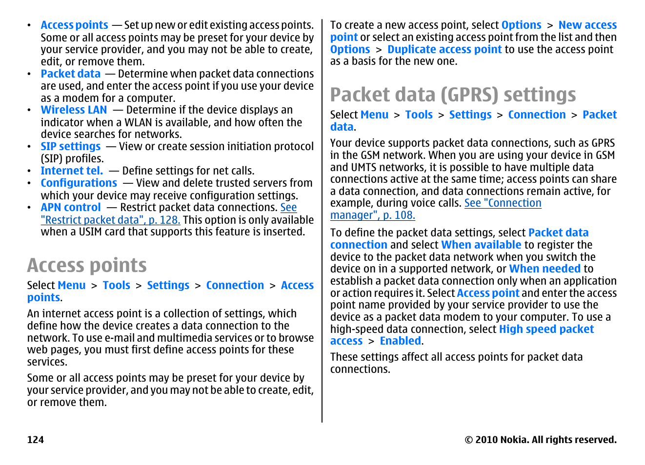 Access points, Packet data (gprs) settings | Nokia E66 User Manual | Page 124 / 150