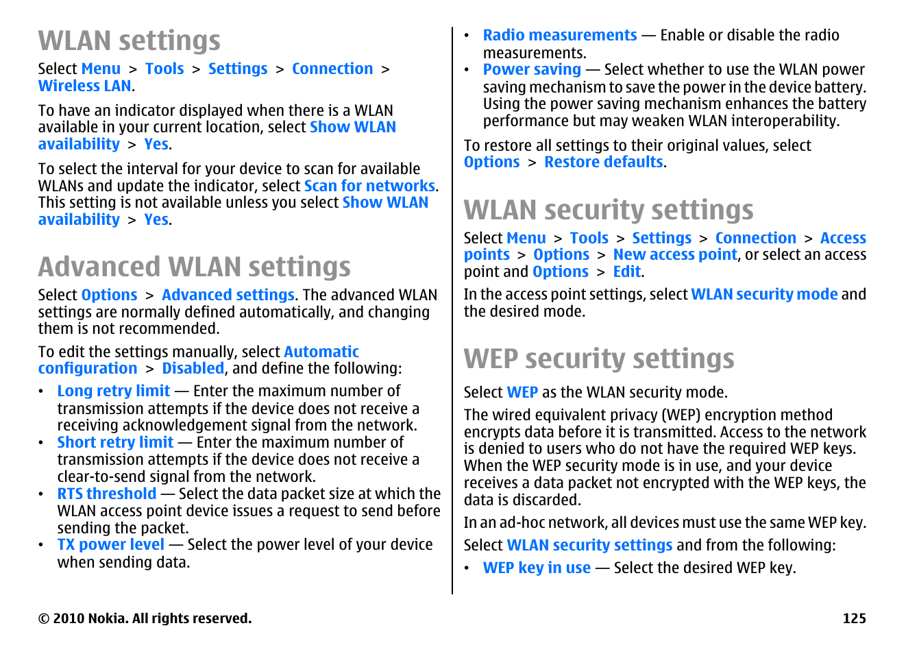 Wlan settings, Advanced wlan settings, Wlan security settings | Wep security settings | Nokia E66 User Manual | Page 125 / 150