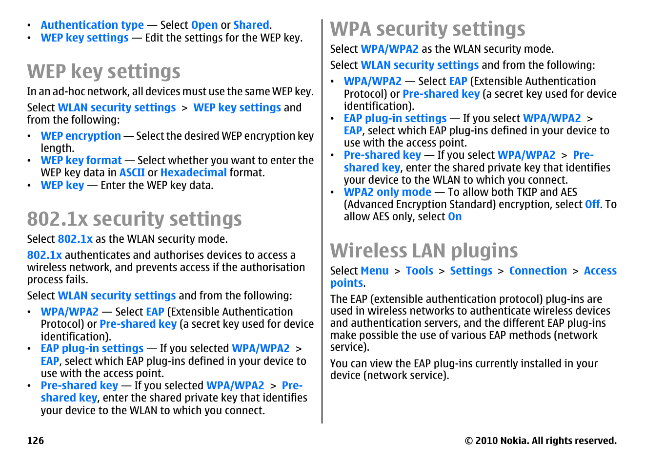 Wep key settings, 1x security settings, Wpa security settings | Wireless lan plugins | Nokia E66 User Manual | Page 126 / 150
