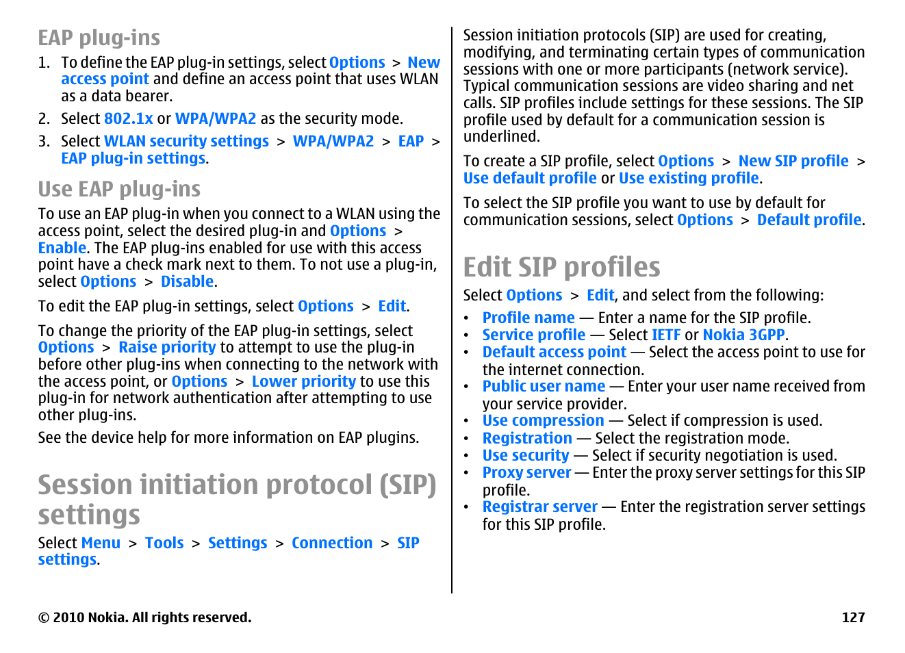 Eap plug-ins, Use eap plug-ins, Session initiation protocol (sip) settings | Edit sip profiles | Nokia E66 User Manual | Page 127 / 150