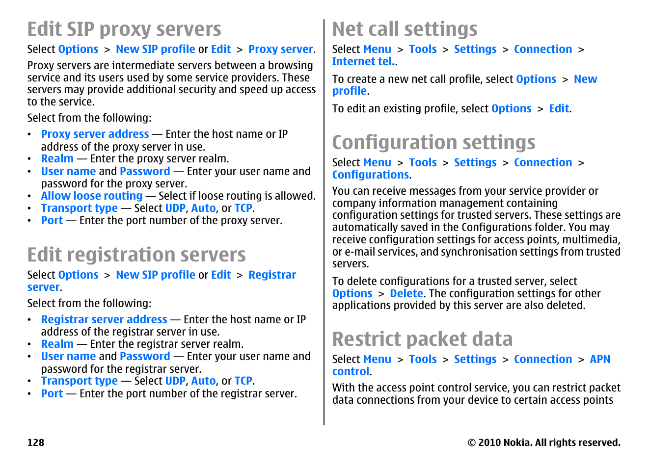 Edit sip proxy servers, Edit registration servers, Net call settings | Configuration settings, Restrict packet data, Connections, Restrict packet data", p. 128 | Nokia E66 User Manual | Page 128 / 150