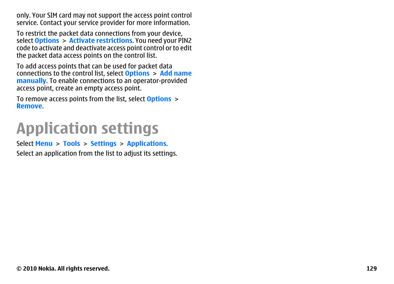 Application settings | Nokia E66 User Manual | Page 129 / 150