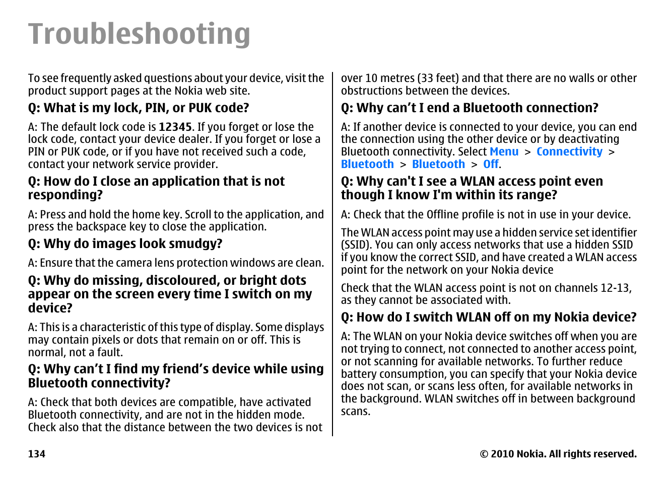Troubleshooting | Nokia E66 User Manual | Page 134 / 150