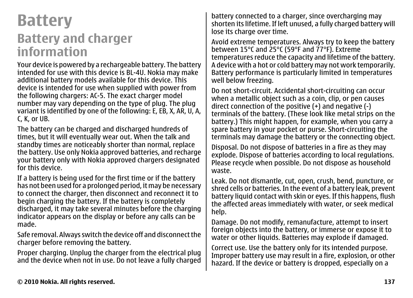 Battery, Battery and charger information | Nokia E66 User Manual | Page 137 / 150