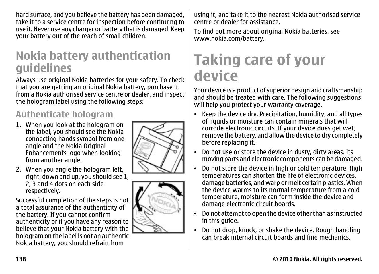 Nokia battery authentication guidelines, Authenticate hologram, Taking care of your device | Nokia E66 User Manual | Page 138 / 150