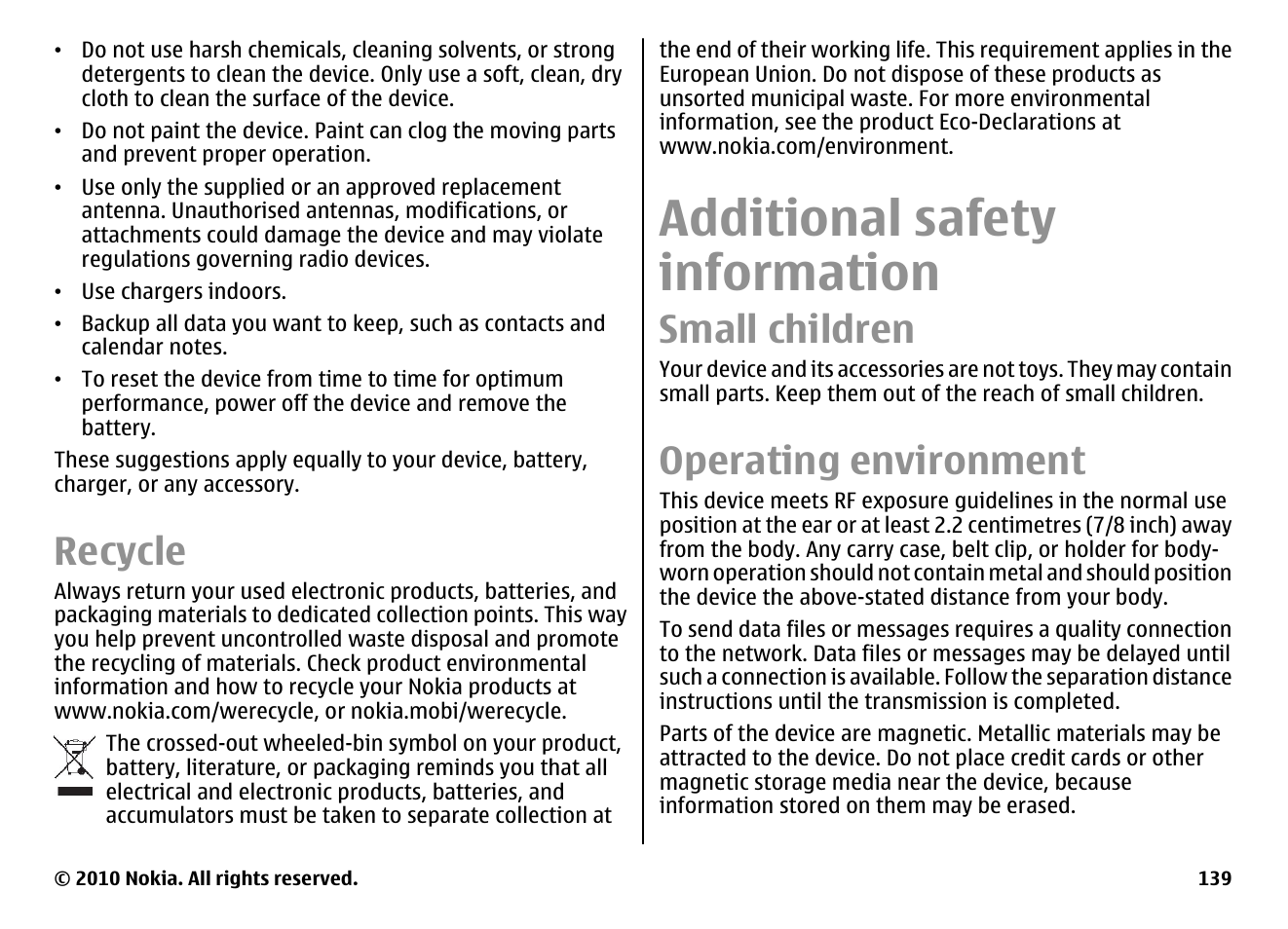 Recycle, Additional safety information, Small children | Operating environment | Nokia E66 User Manual | Page 139 / 150