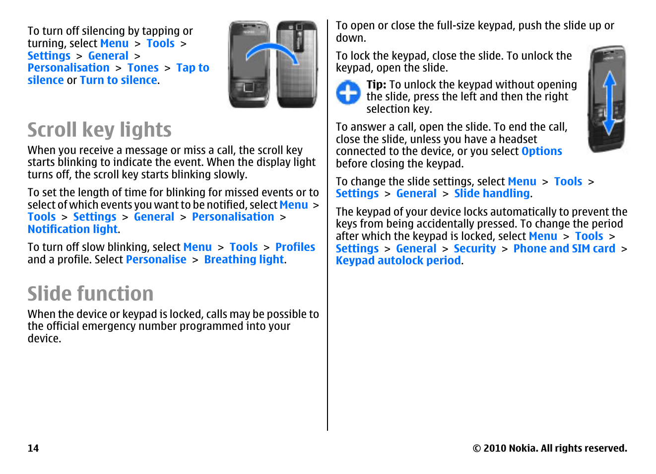 Scroll key lights, Slide function | Nokia E66 User Manual | Page 14 / 150