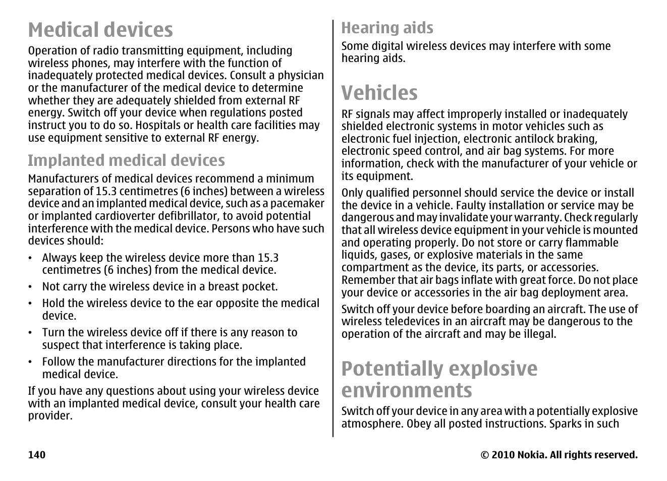 Medical devices, Implanted medical devices, Hearing aids | Vehicles, Potentially explosive environments | Nokia E66 User Manual | Page 140 / 150