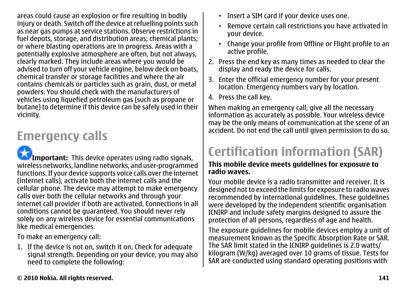 Emergency calls, Certification information (sar) | Nokia E66 User Manual | Page 141 / 150