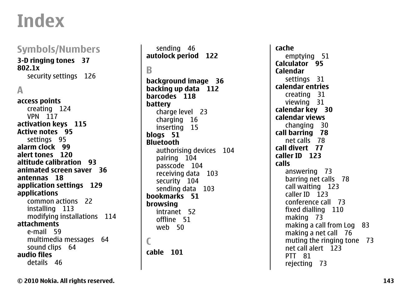 Index, Symbols/numbers | Nokia E66 User Manual | Page 143 / 150