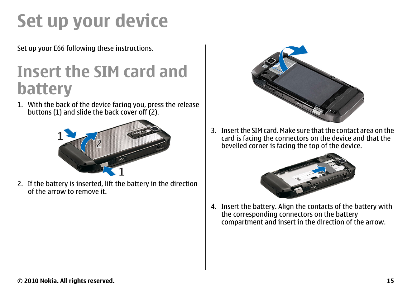 Set up your device, Insert the sim card and battery | Nokia E66 User Manual | Page 15 / 150