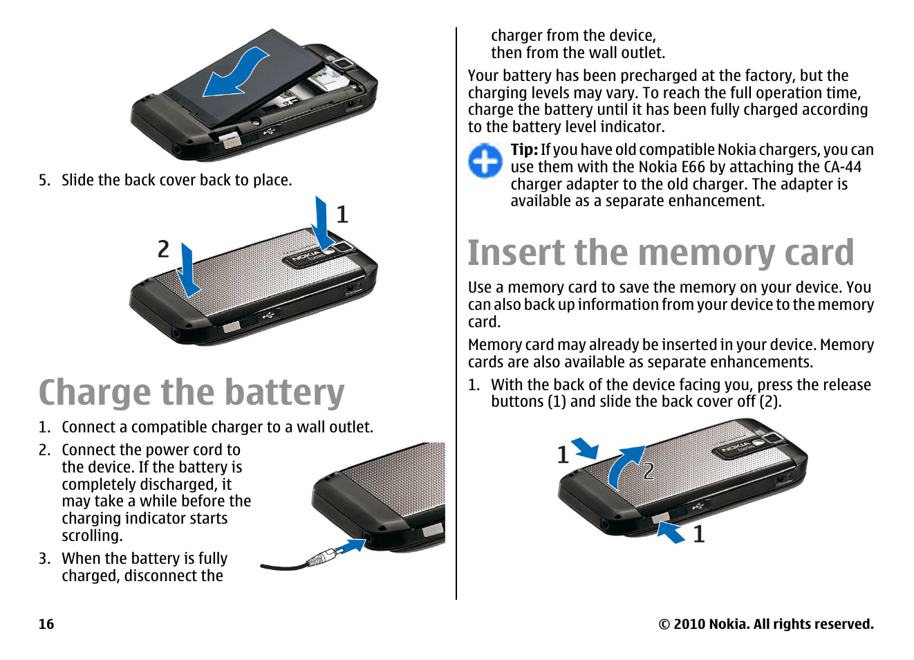 Charge the battery, Insert the memory card | Nokia E66 User Manual | Page 16 / 150