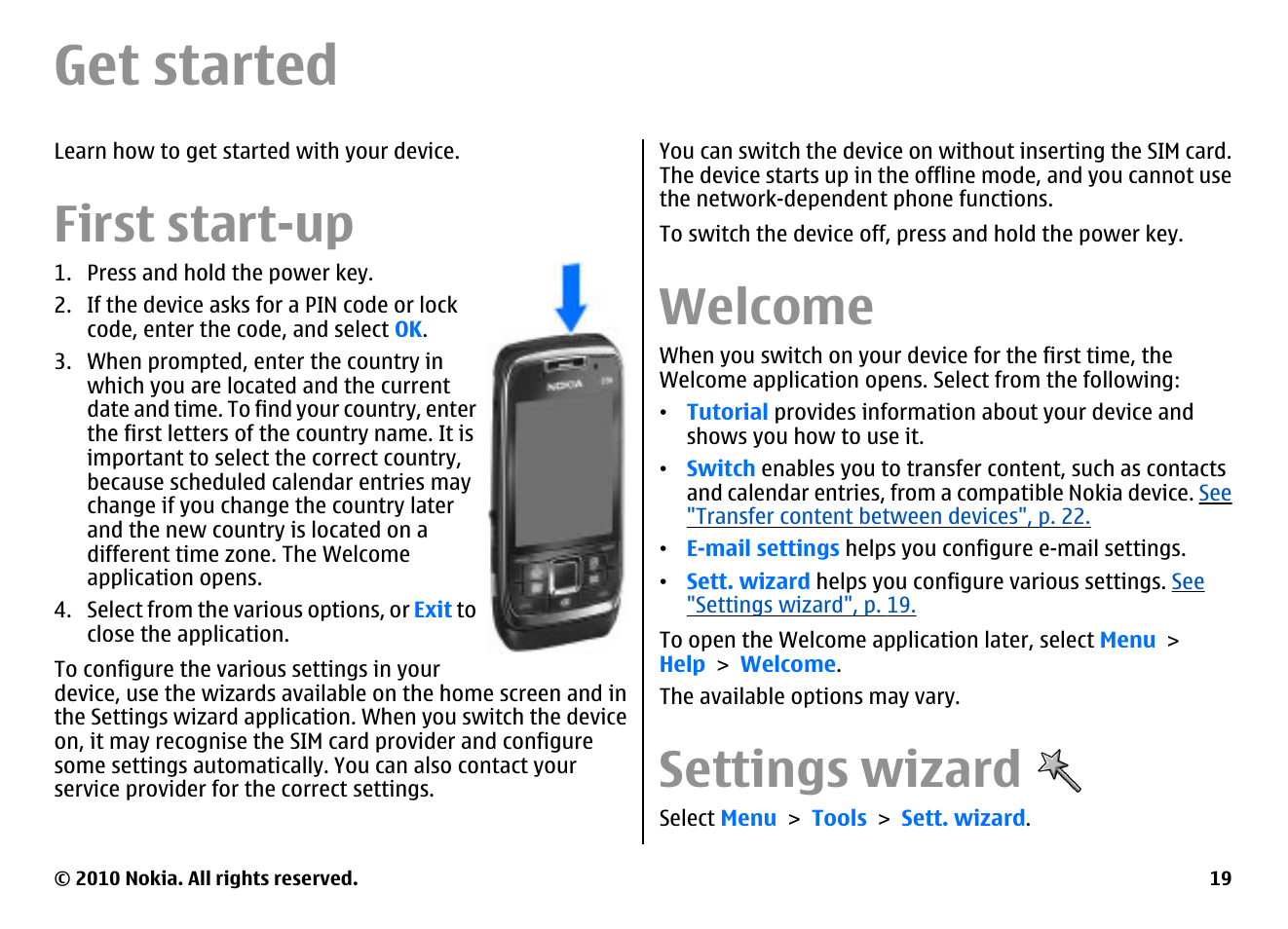Get started, First start-up, Welcome | Settings wizard | Nokia E66 User Manual | Page 19 / 150