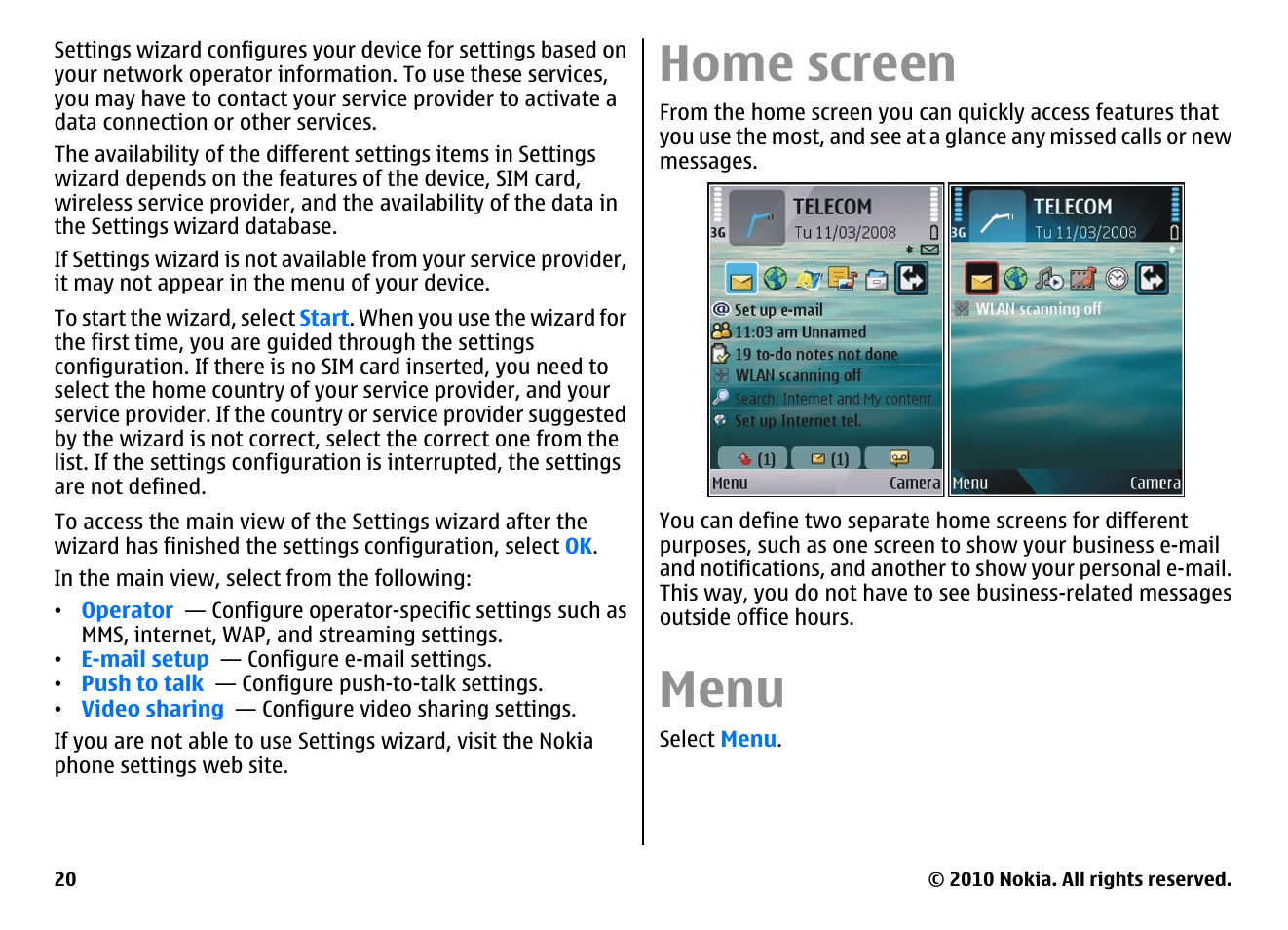 Home screen, Menu | Nokia E66 User Manual | Page 20 / 150