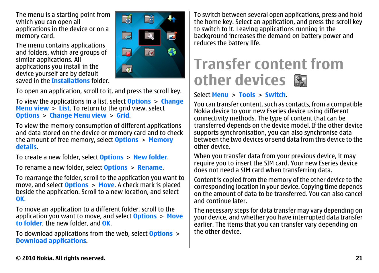 Transfer content from other devices | Nokia E66 User Manual | Page 21 / 150