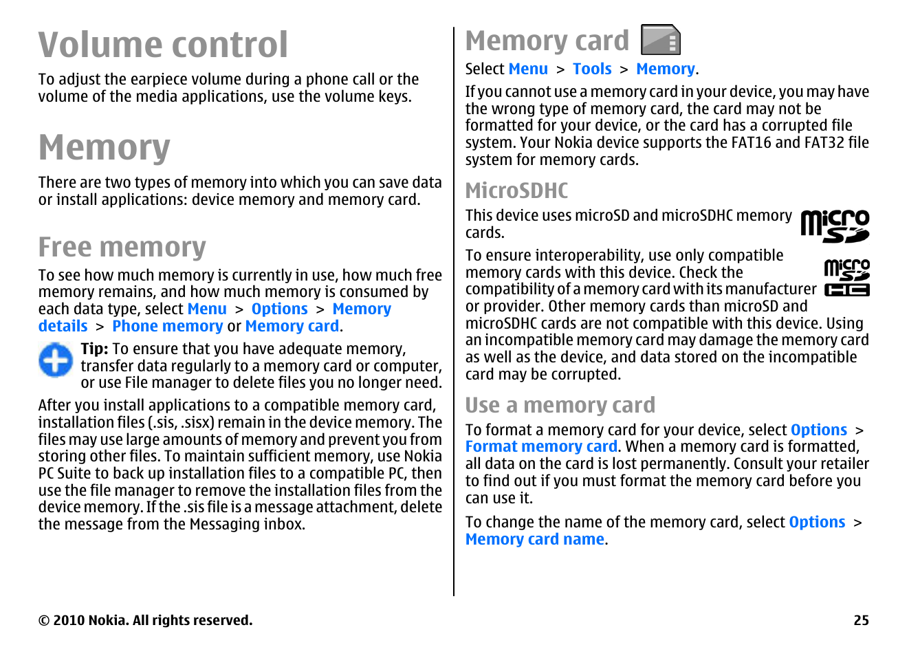 Volume control, Memory, Free memory | Memory card, Microsdhc, Use a memory card | Nokia E66 User Manual | Page 25 / 150