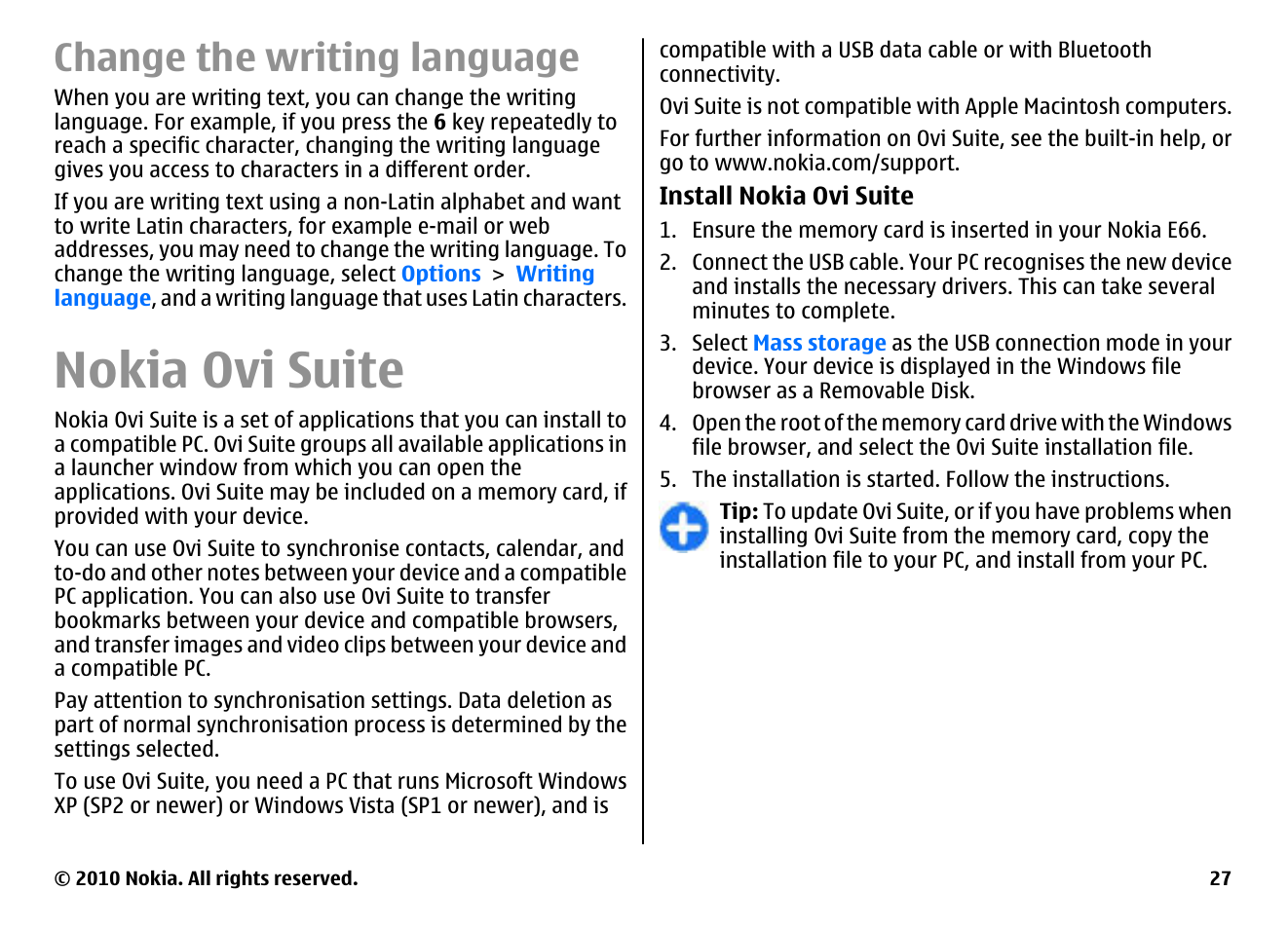 Change the writing language, Nokia ovi suite | Nokia E66 User Manual | Page 27 / 150