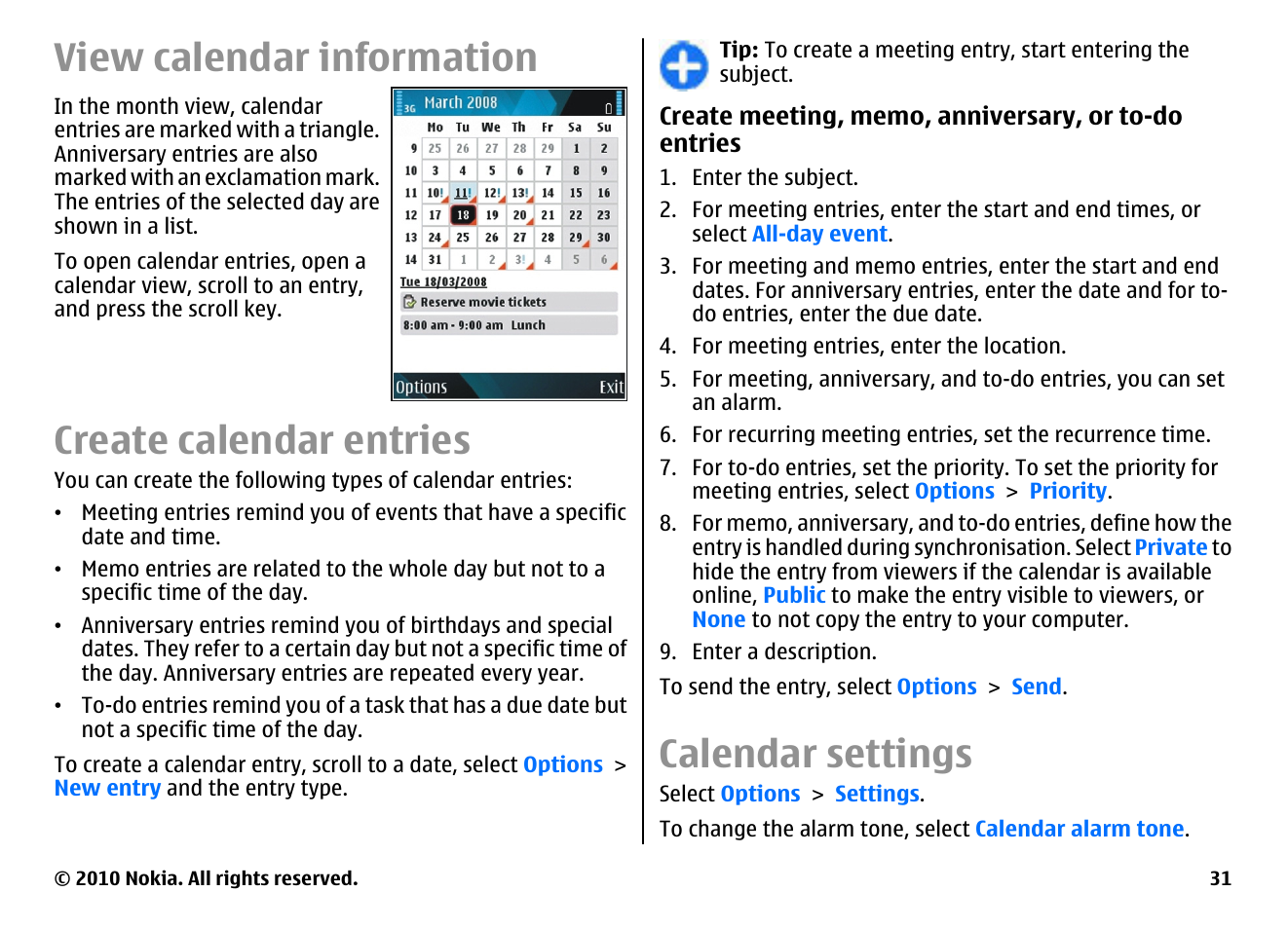 View calendar information, Create calendar entries, Calendar settings | Nokia E66 User Manual | Page 31 / 150