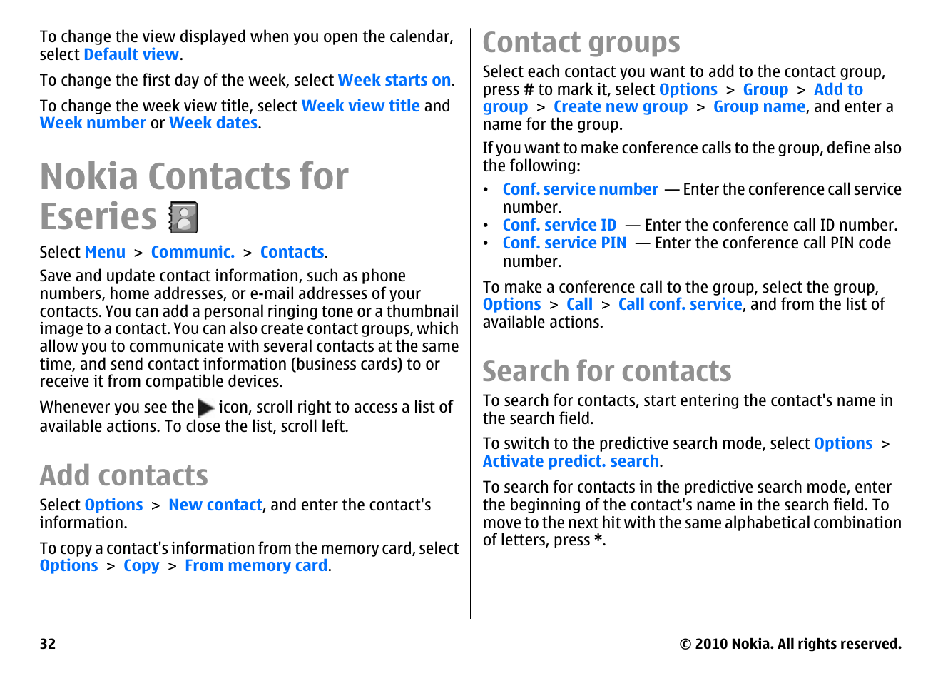 Nokia contacts for eseries, Add contacts, Contact groups | Search for contacts | Nokia E66 User Manual | Page 32 / 150