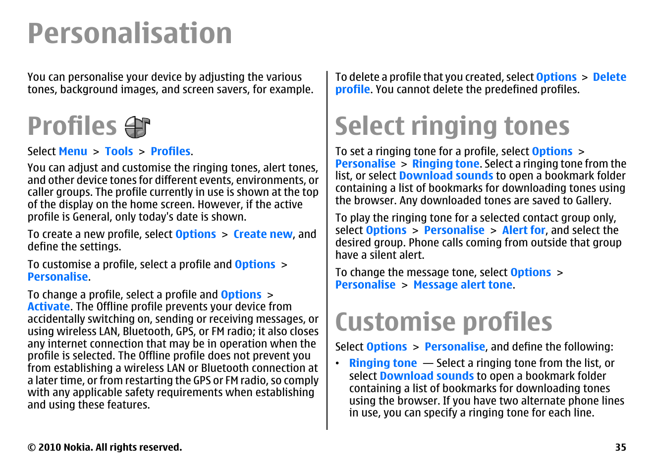 Personalisation, Profiles, Select ringing tones | Customise profiles | Nokia E66 User Manual | Page 35 / 150