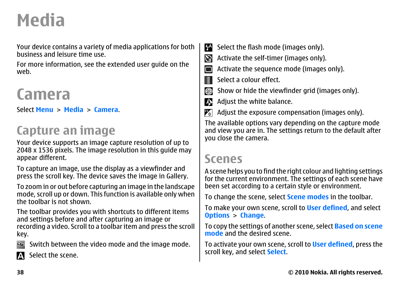 Media, Camera, Capture an image | Scenes | Nokia E66 User Manual | Page 38 / 150