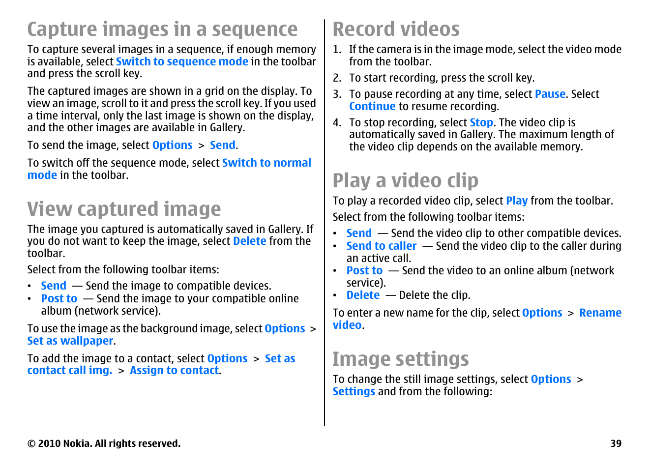 Capture images in a sequence, View captured image, Record videos | Play a video clip, Image settings | Nokia E66 User Manual | Page 39 / 150