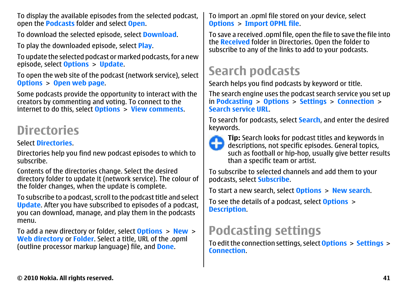 Directories, Search podcasts, Podcasting settings | Nokia E66 User Manual | Page 41 / 150