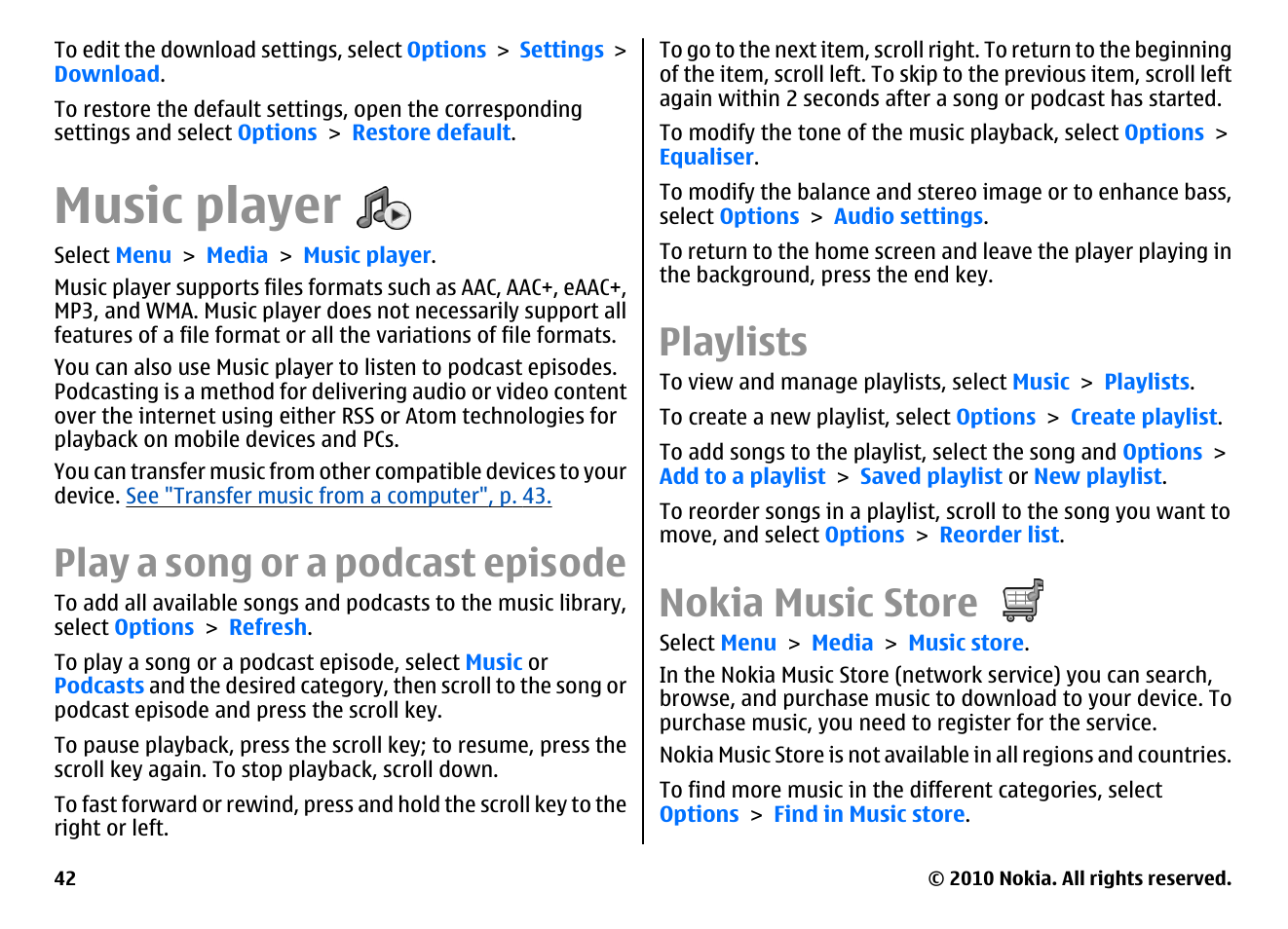 Music player, Play a song or a podcast episode, Playlists | Nokia music store | Nokia E66 User Manual | Page 42 / 150