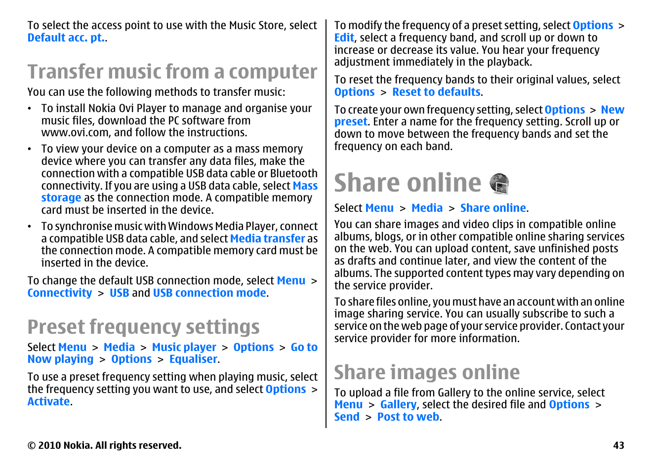 Transfer music from a computer, Preset frequency settings, Share online | Share images online | Nokia E66 User Manual | Page 43 / 150