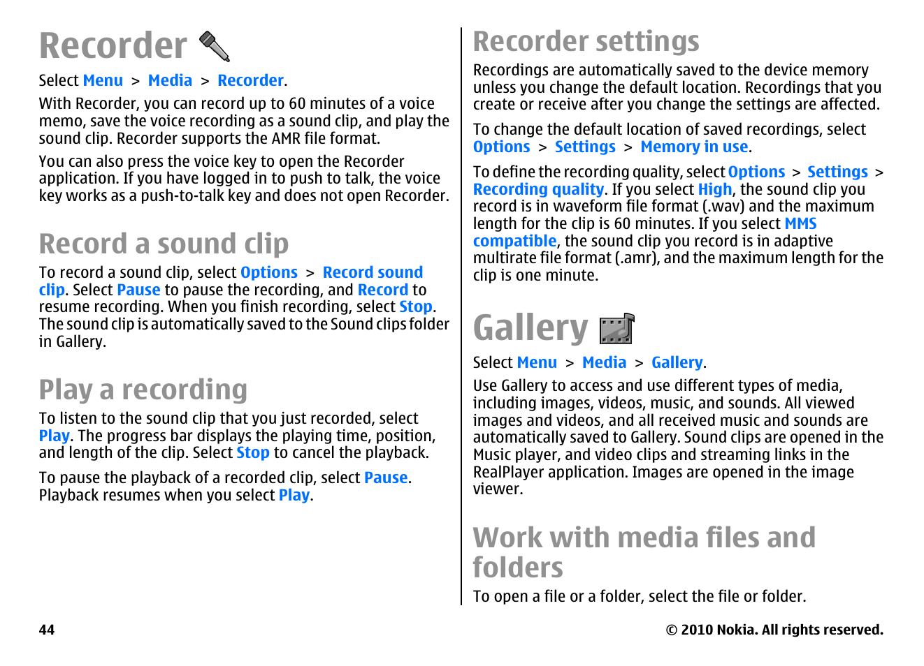 Recorder, Record a sound clip, Play a recording | Recorder settings, Gallery, Work with media files and folders | Nokia E66 User Manual | Page 44 / 150