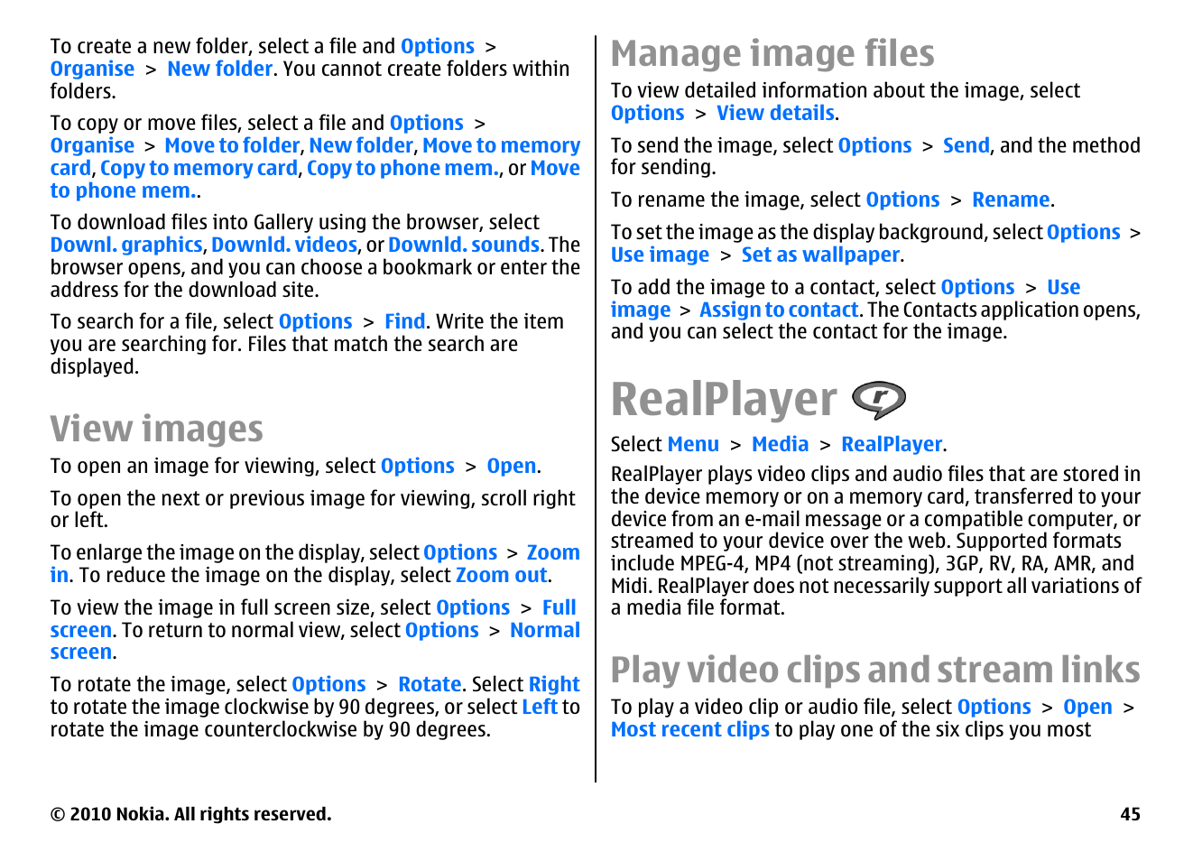 View images, Manage image files, Realplayer | Play video clips and stream links | Nokia E66 User Manual | Page 45 / 150