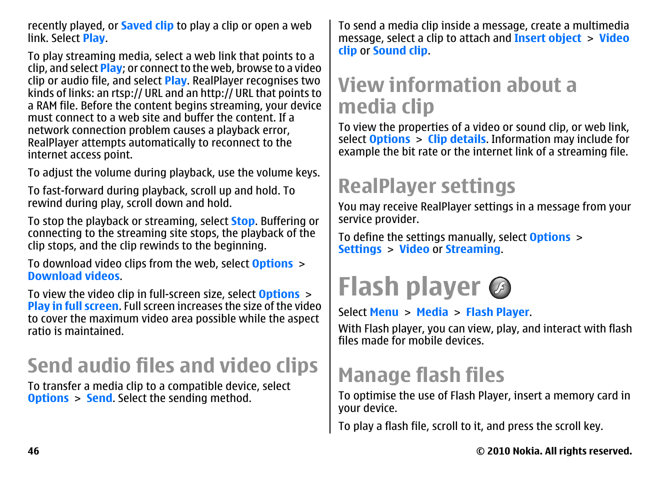 Send audio files and video clips, View information about a media clip, Realplayer settings | Flash player, Manage flash files | Nokia E66 User Manual | Page 46 / 150