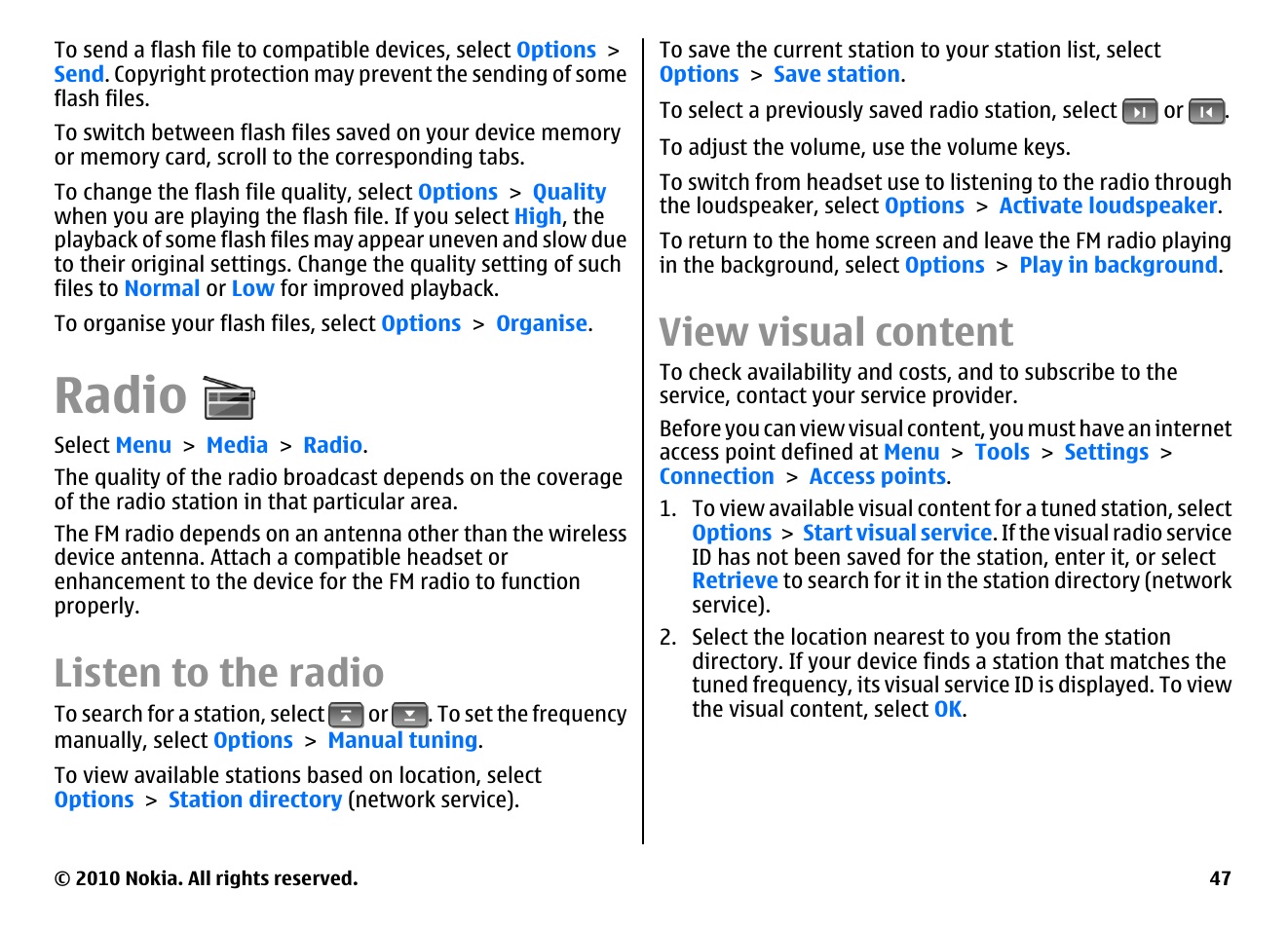 Radio, Listen to the radio, View visual content | Nokia E66 User Manual | Page 47 / 150