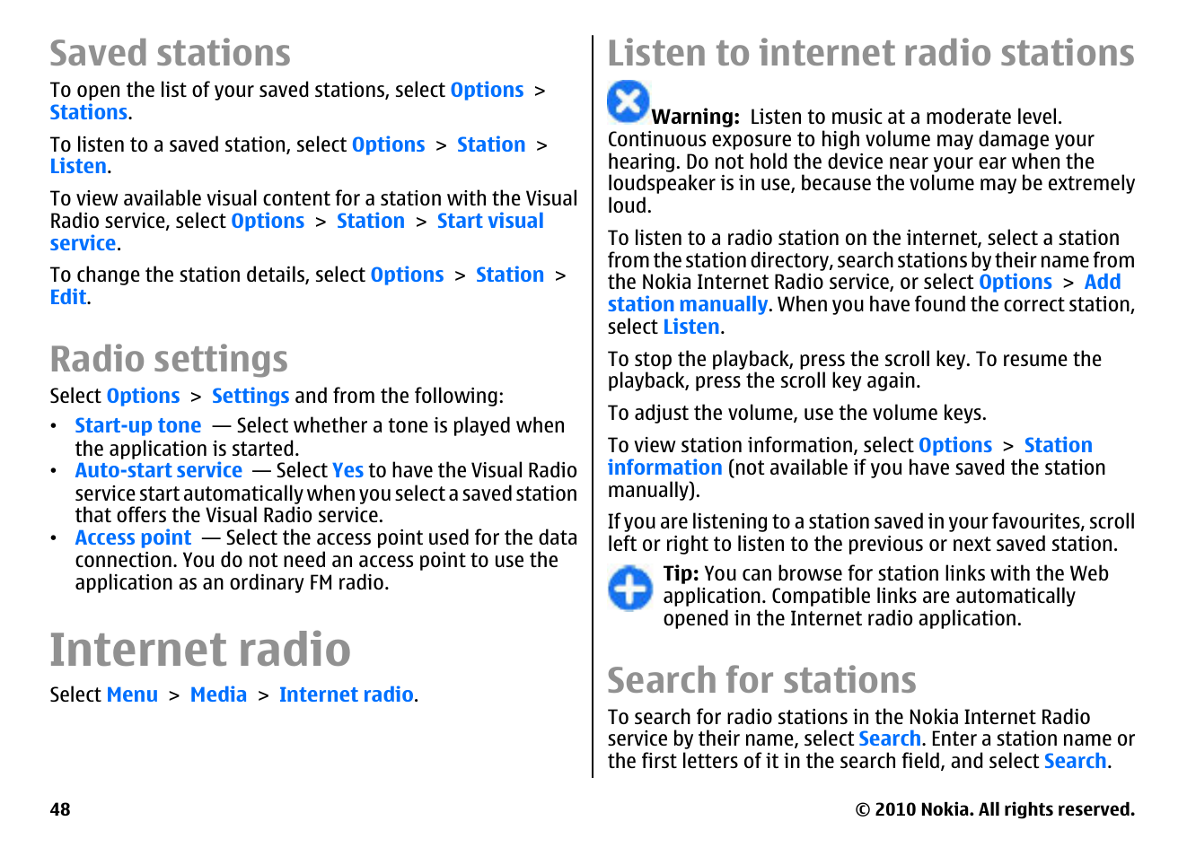 Saved stations, Radio settings, Internet radio | Listen to internet radio stations, Search for stations | Nokia E66 User Manual | Page 48 / 150