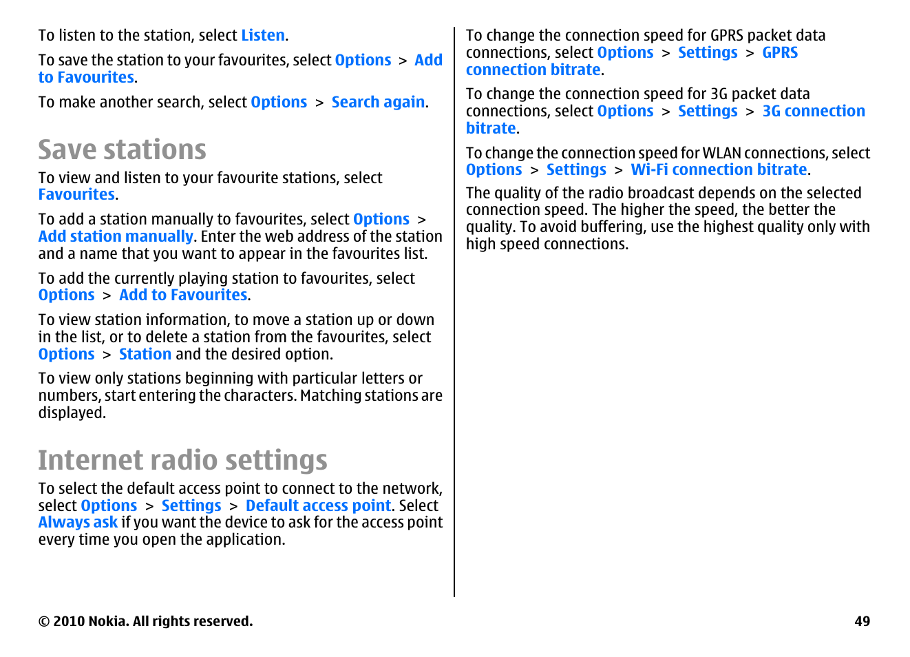 Save stations, Internet radio settings | Nokia E66 User Manual | Page 49 / 150