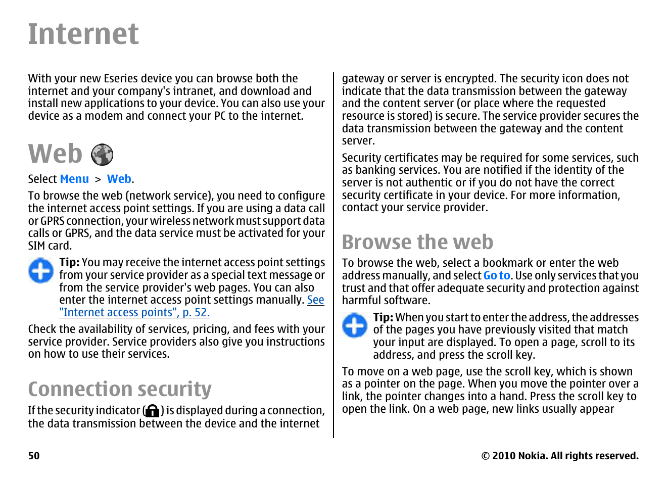 Internet, Connection security, Browse the web | Nokia E66 User Manual | Page 50 / 150