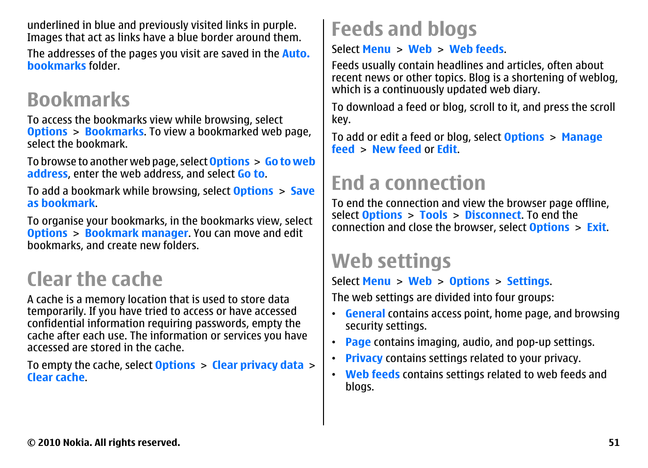 Bookmarks, Clear the cache, Feeds and blogs | End a connection, Web settings | Nokia E66 User Manual | Page 51 / 150
