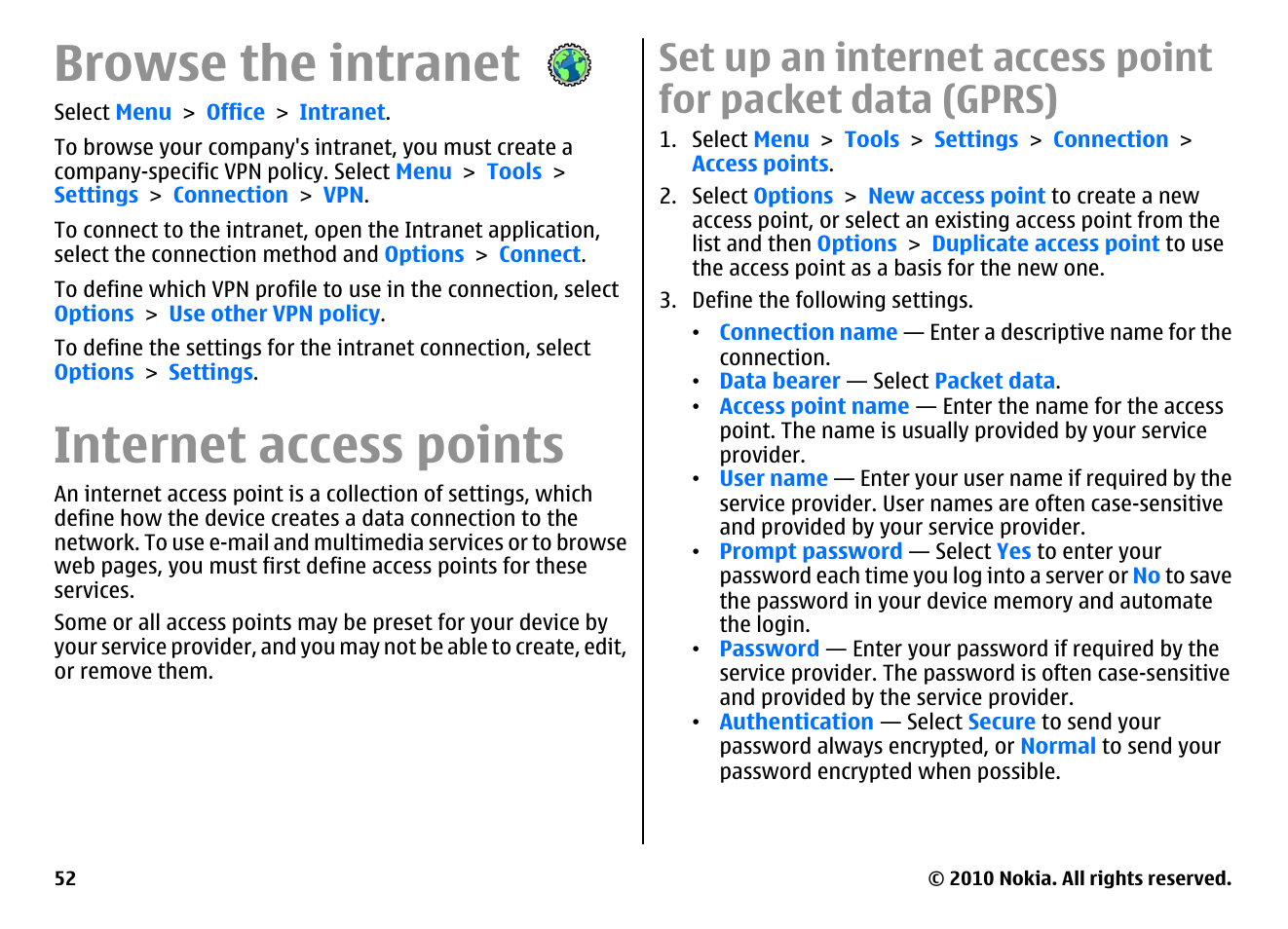 Browse the intranet, Internet access points | Nokia E66 User Manual | Page 52 / 150