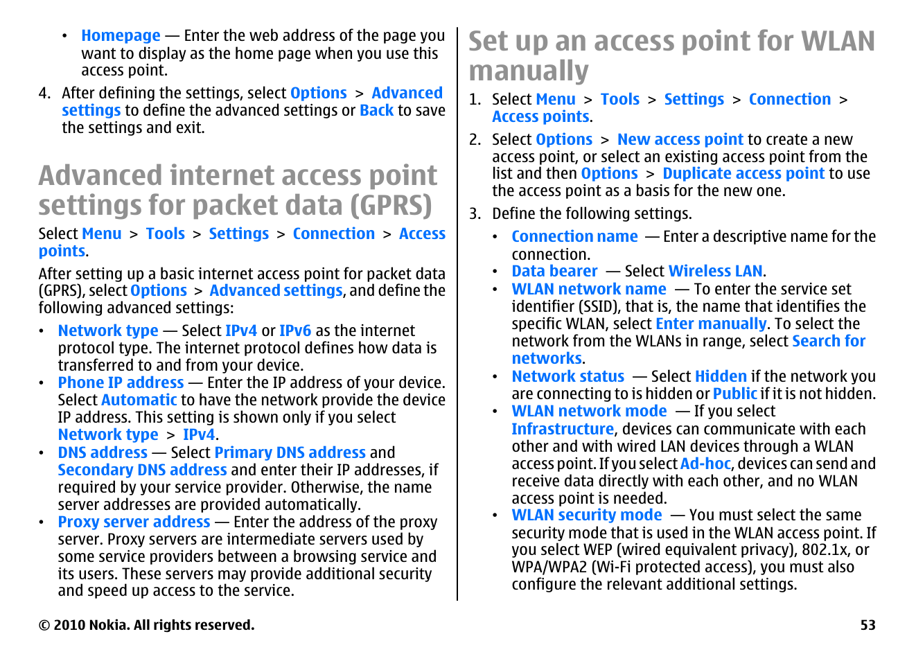 Set up an access point for wlan manually | Nokia E66 User Manual | Page 53 / 150