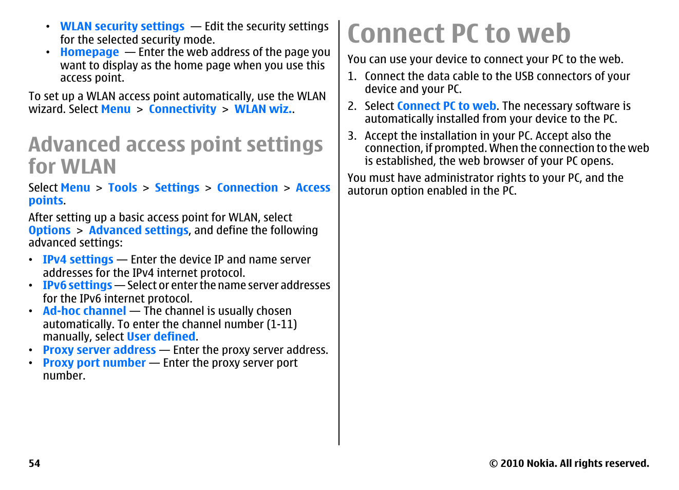 Advanced access point settings for wlan, Connect pc to web | Nokia E66 User Manual | Page 54 / 150