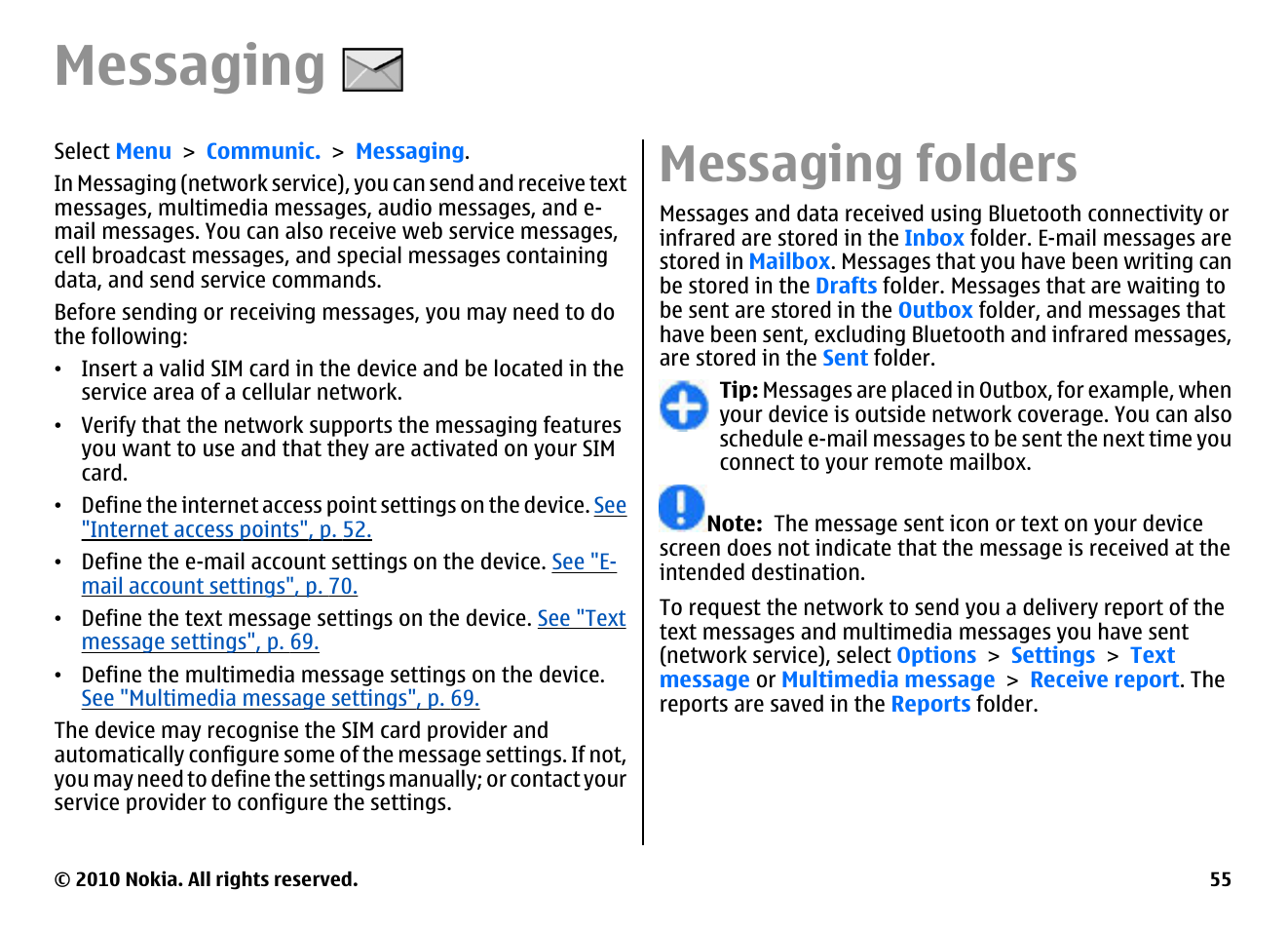 Messaging, Messaging folders | Nokia E66 User Manual | Page 55 / 150